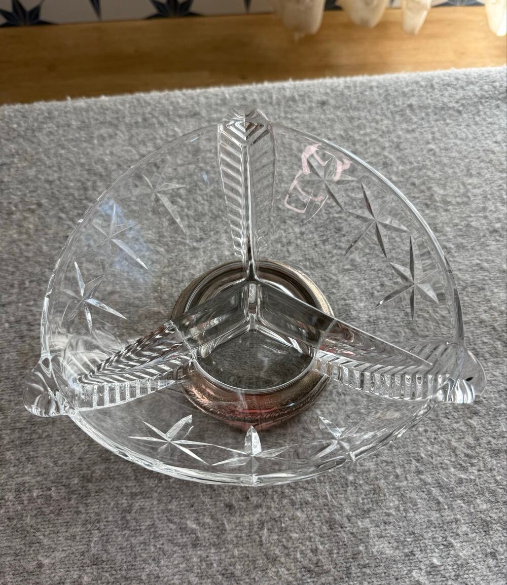 Duncan Miller Mid Century Three Feathers Divided Glass Dish with Sterling Base